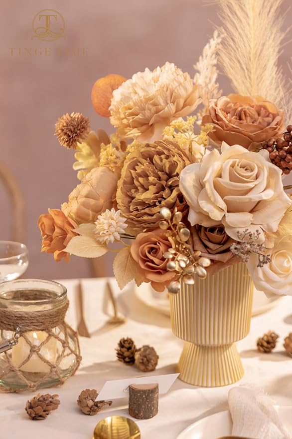 TINGE TIME Silk Fake Flowers Combo, Fake Foam Roses with Stems for DIY Wedding Bouquets Centerpieces Baby Shower Party Home Decorations(Nude Color & Pale Coffee)