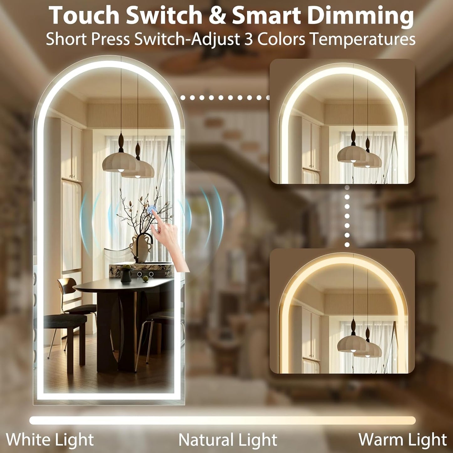 GLSLAND Arched LED Full Length Mirror - 65"x26" Full Body Standing Mirrors with Light for Bedroom/Cloakroom -Dimmable & 3 Color Lighting/Wall Mounted