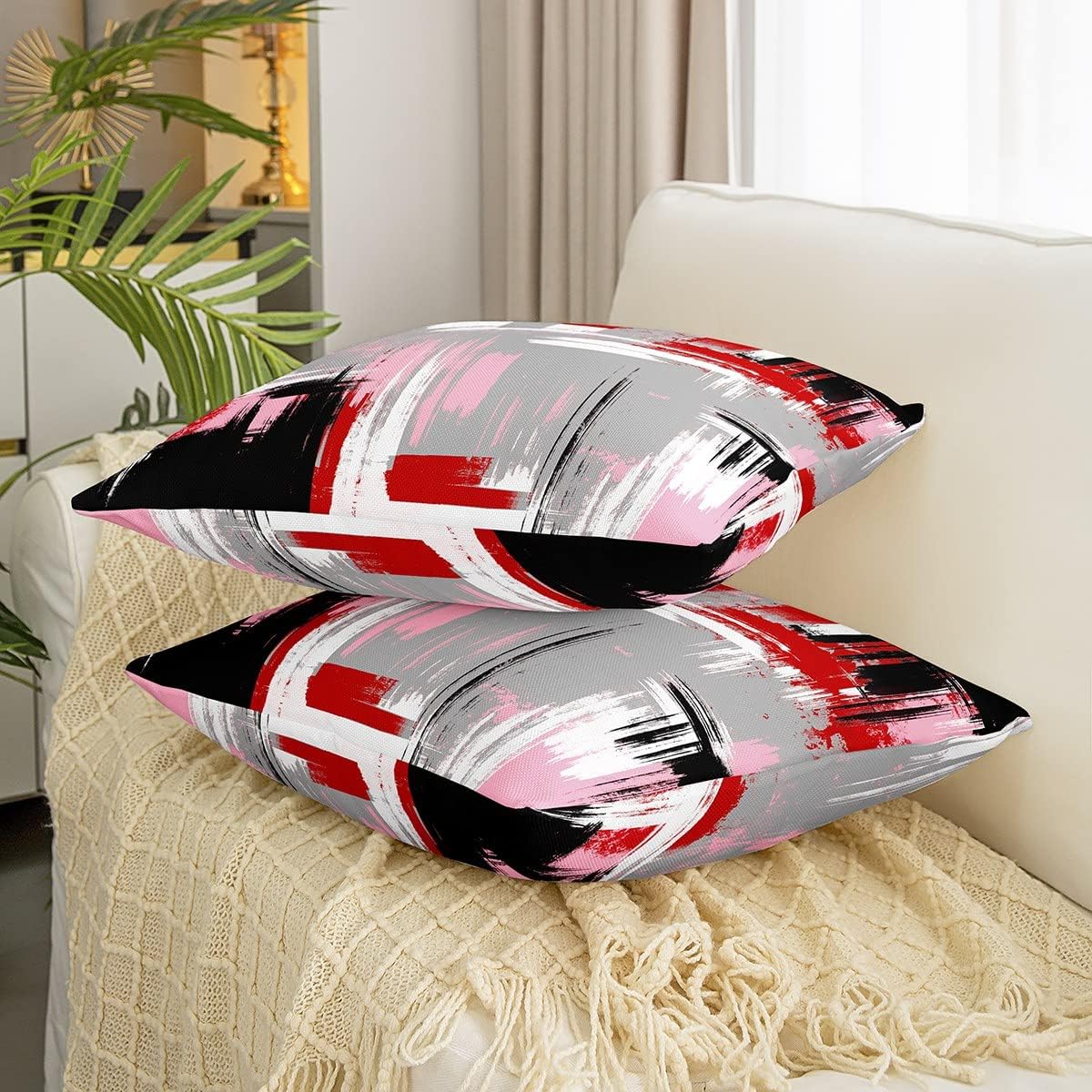 Feelyou Abstract Throw Pillow Covers for Couch Sofa Bed, Set of 2 Modern Abstract Art Decorative Pillows Cushion Covers, Retro Red Grey Pink Black Pillow Inserts Not Included, 20x20 inch