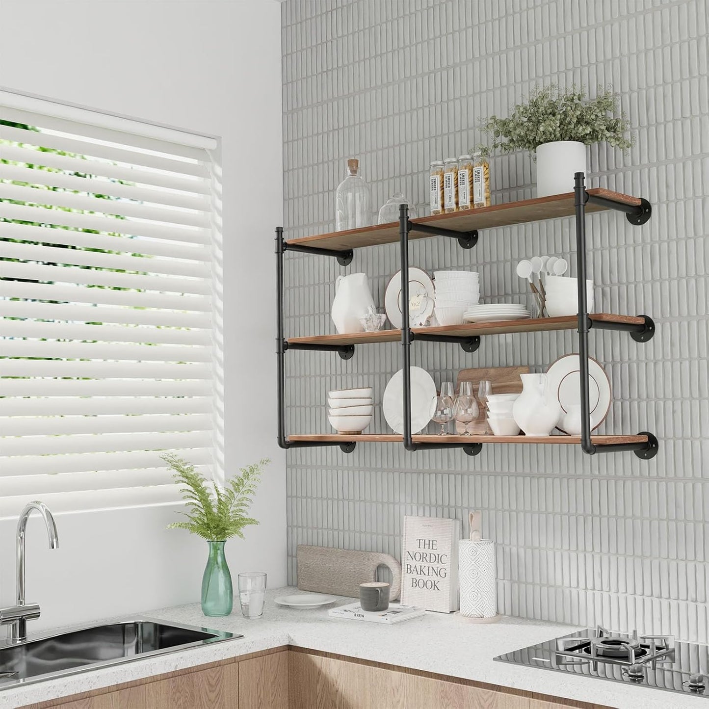 Industrial Pipe Shelf Brackets Wall Mount,Open Black Pipe Shelving for Kitchen,Floating Shelf Brackets Mount,Open Bookshelf Brackets for Shelves,Wall Shelves 12 Inch Deep,(3PcsX3Tier,32" Tall)