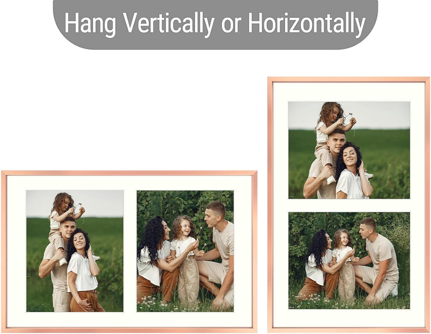 Frametory - 12x19 Aluminum Collage Picture Frame - Display 8x10 Pictures with 2 Openings Mat - Real Glass Front - Horizontal/Vertical Wall Mount - Rose Gold 1 Pack