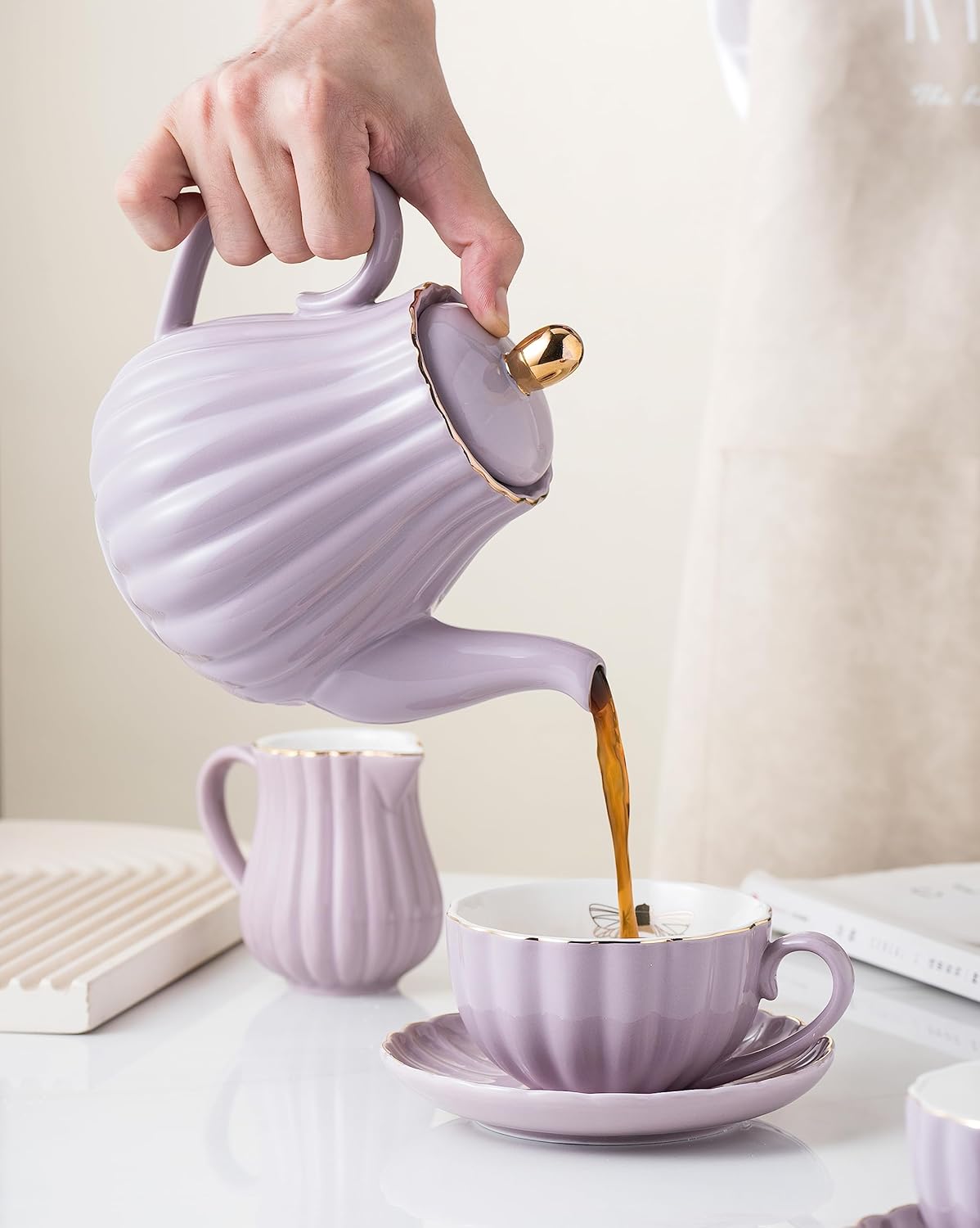 CLAY TONIC-- 8 OZ Fine China Purple Coffee Cup/Teacup Set, Cups & Saucer, with Teapot-Sugar Bowl-Cream Pitcher Teaspoons and tea strainer for Tea/Coffee,17-Pieces- Service for 4 (Purple)