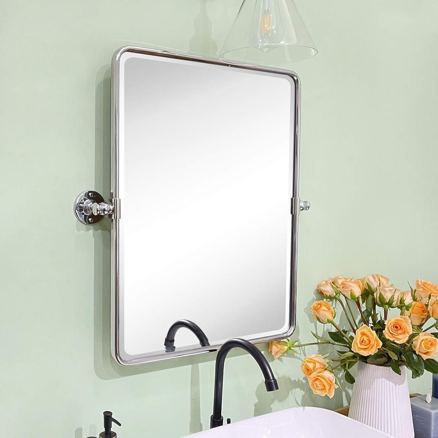 Farmhouse Chrome Metal Framed Pivot Rectangle Bathroom Mirror Rounded Rectangluar Tilting Beveled Vanity Mirrors for Wall, Overall 22.91 x 24 inches (Mirrror 19 x 24 inches)
