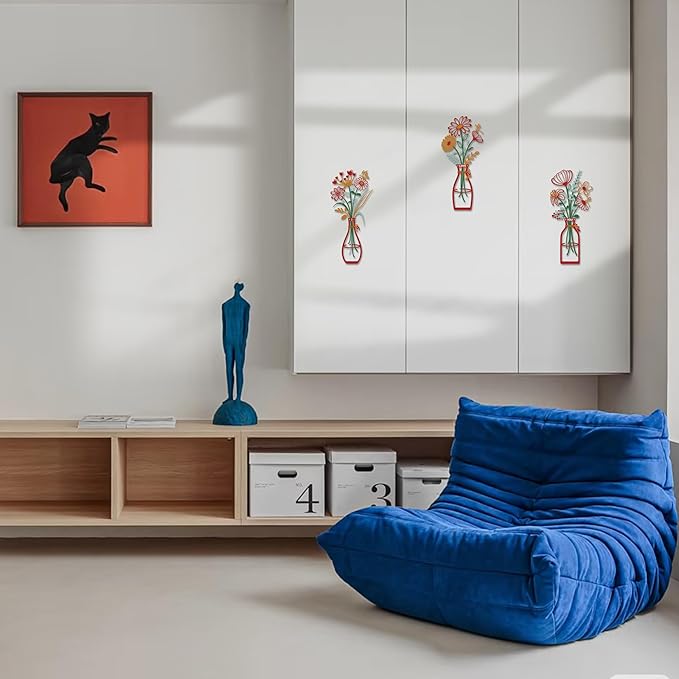 3 Pieces Metal Flowers Wall Art Decor, House Minimalist Bathroom Wall Decors Sculptures for Living Room Dining Room Bedroom Housewarming Gifts