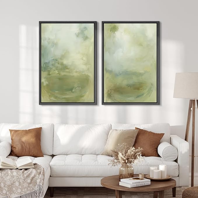 SIGNFORD Framed Canvas Print Wall Art Set Soft Green Abstract Contemporary Neutral Landscape Illustration Modern Art Decorative Nordic Nature for Living Room, Bedroom, Office - 24"x36"x2 Black