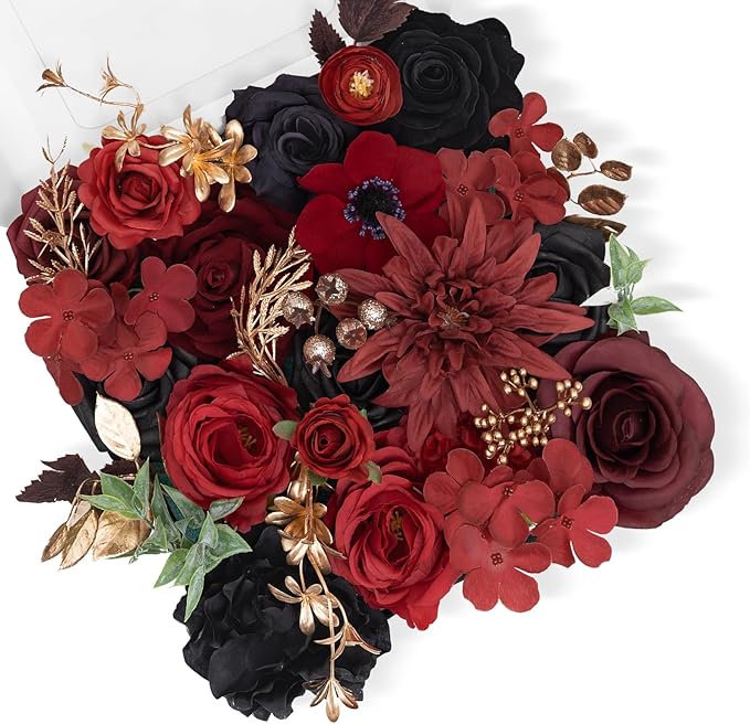 TINGE TIME Fake Flowers Artificial Flowers Peonies Bulbous Chrysanthemum Daisy Hydrangea Sunflower Violets Dahlia Daffodils Epiphyllum Orchid Cherry Blossom Camellia Leyaron (Gothic Black and Red)