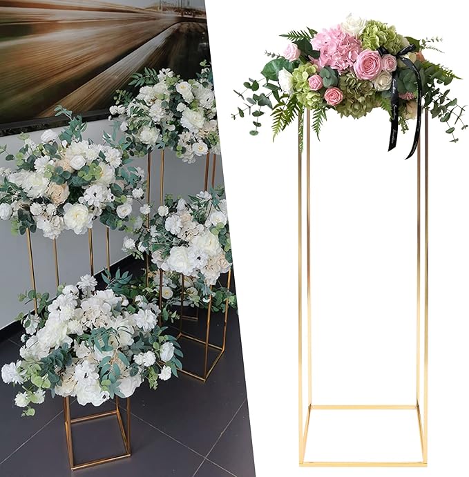 1 Pcs Metal Flower Stand for Wedding Centerpieces Stand Column Vases Wedding Flower Stand Rectangular Geometric Gold Centerpieces Stands for Wedding Decorations Home Party Event (39.37inch)