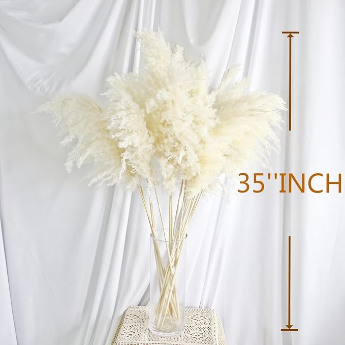 35-inch Tall White Pampas Grass Bouquet Decor - Boho Flowers and Feathers for Centerpieces, Perfect for Tall Floor Vase Fillers, Home Decor, Living Room, and Wedding Decor (20 Pcs)