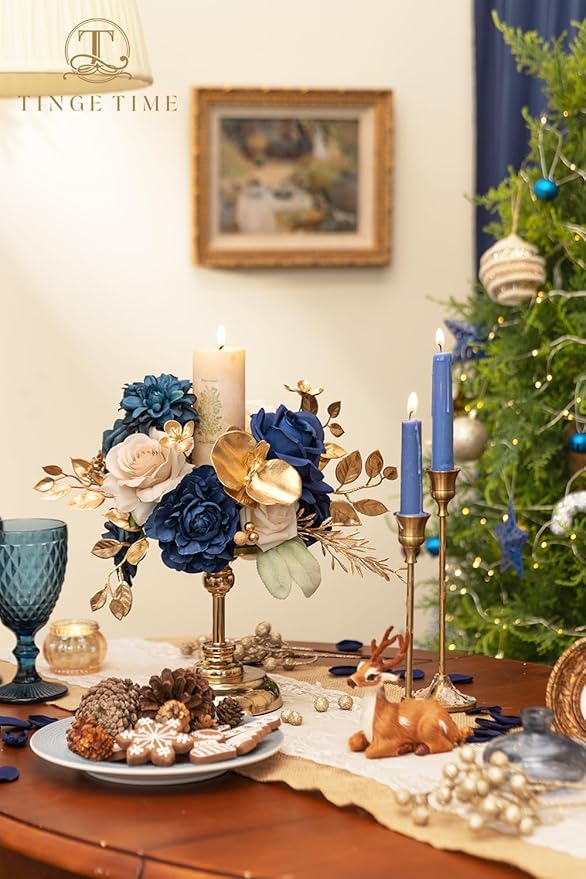 TINGE TIME Roses Artificial Flowers Blue Faux Flowers Bulk for DIY Bridal Wedding Bouquets Baby Shower Centerpiece Table Home Decorations(Navy Blue)