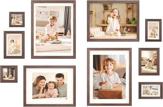 Egofine Picture Frame Set 10 Pack, Picture Frames Collage Wall Decor with Two 12x16,Two 11x14,Two 5x7,Two 4x6,Two 4x4 for Wall and Tabletop, Made of Solid Wood, Covered by Plexiglass, Rustic Brown