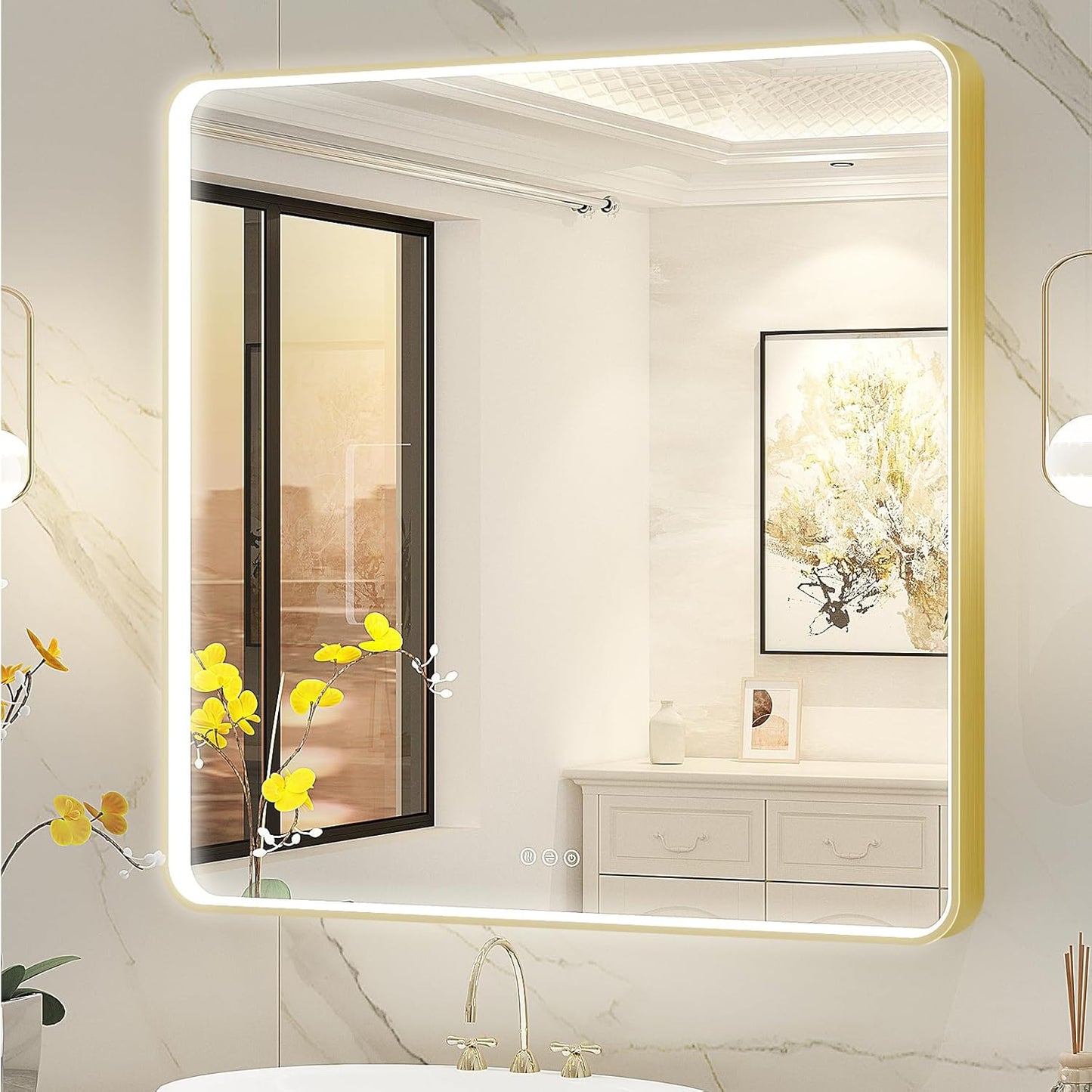 LED Mirror for Bathroom 36X36 Inch Gold Framed with Anti-Fog, Stepless Dimmable, Front Lit, LED Bathroom Vanity Mirror for Wall, Memory Function, Shatter-Proof