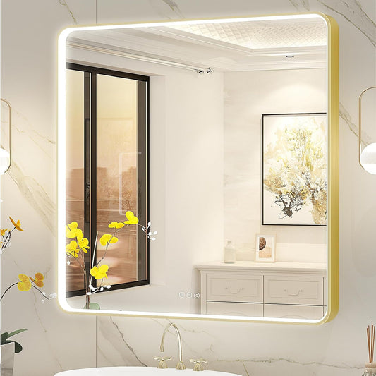 LED Mirror for Bathroom 36X36 Inch Gold Framed with Anti-Fog, Stepless Dimmable, Front Lit, LED Bathroom Vanity Mirror for Wall, Memory Function, Shatter-Proof