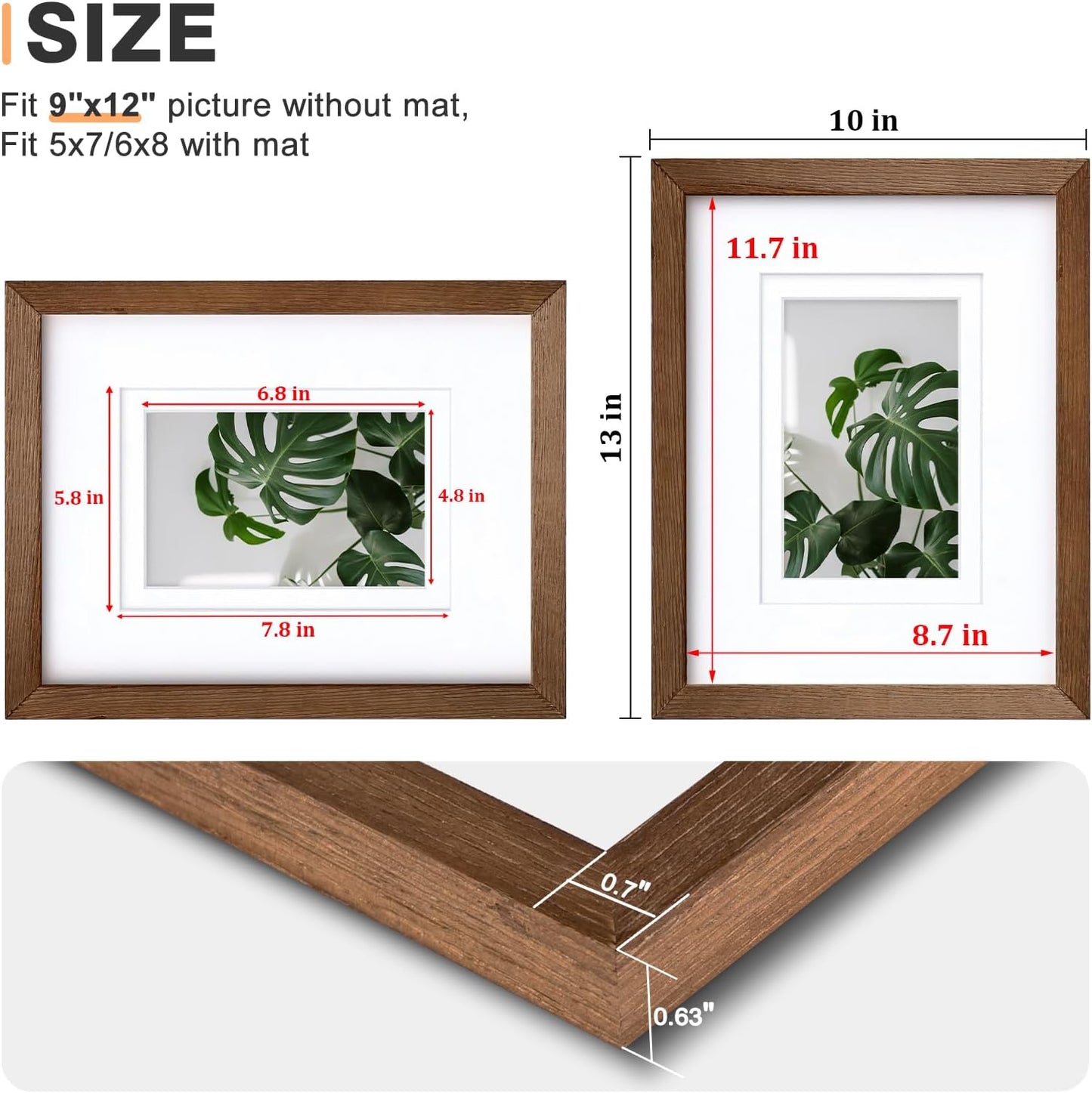 Egofine 9x12 Picture Frames Set of 4, Made of Solid Wood Covered by Plexiglass 5x7 and 6x8 with Mat or 9x12 without Mat, for Table Top Display and Wall Mounting Photo Frame,Walnut Brown