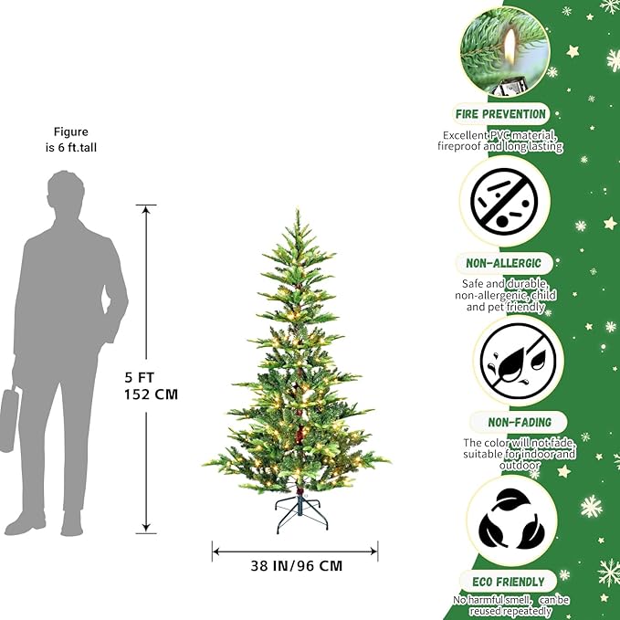 5FT Prelit Artificial Christmas Tree, Premium Douglas Fir Christmas Tree with 180 Warm White Lights & 502 Branch Tips, PE & PVC Mixed Pre Lit Hinged Xmas Trees for Holiday, Party Decoration