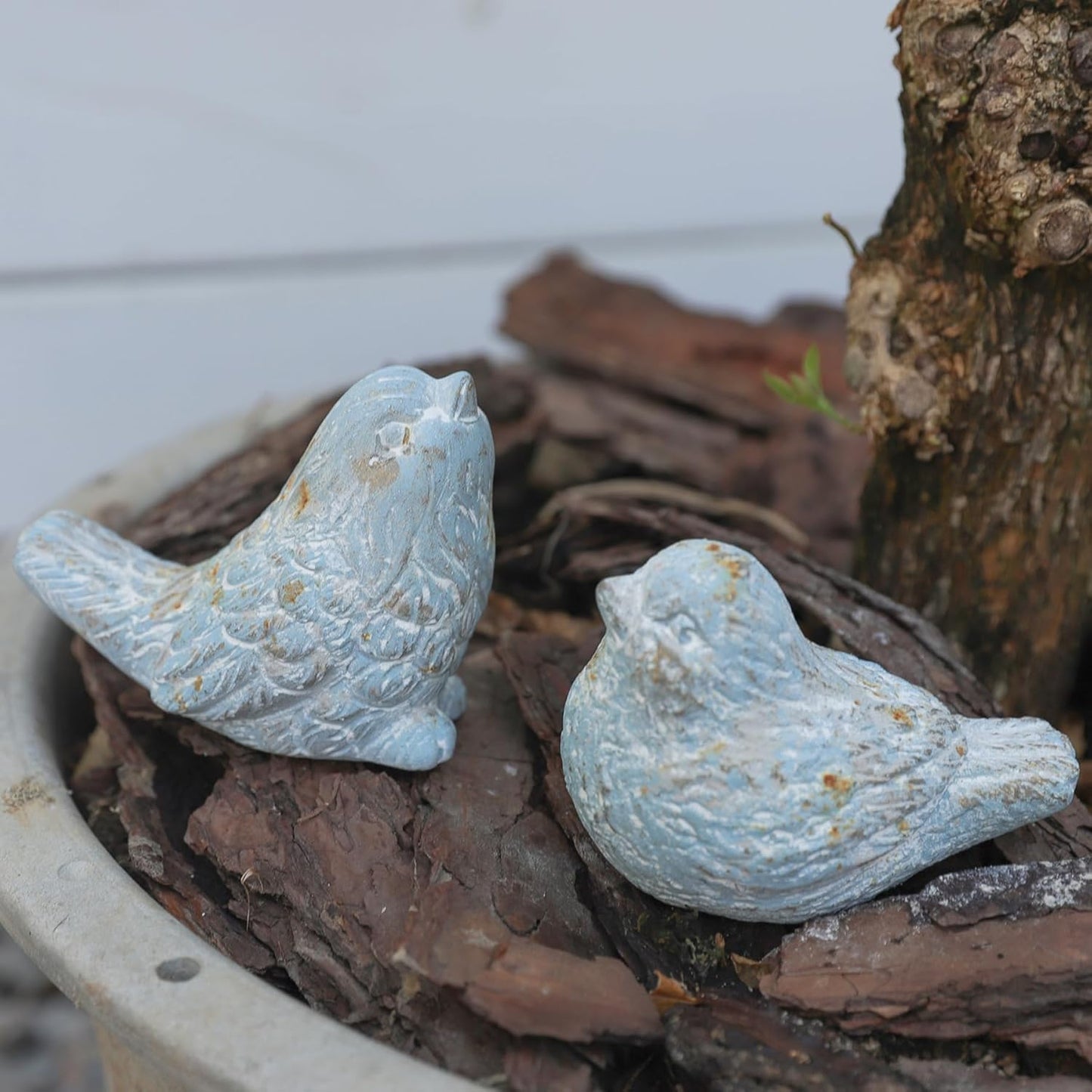 BIG FORTUNE Outdoor Bird Statues Bird Decor Figurines for Home Cement Bird Sculpture for Patio Yard Lawn Ornament, 2style/Set,Indoor Outdoor Bird Decorations Statue(Blue)