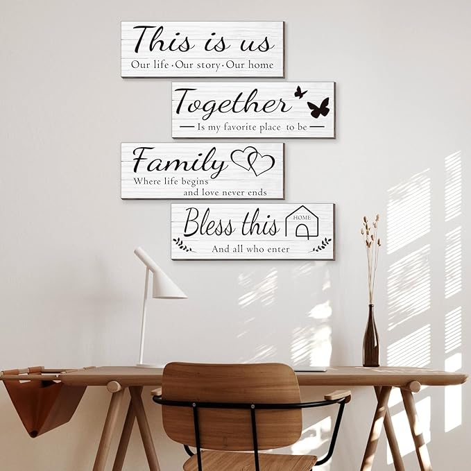 4 Pieces Wooden Home Wall Art Decor, Rustic, Farmhouse THIS IS US/TOGETHER/BLESS THIS HOME/FAMILY Decor Signs For Living Room Bedroom, 4.7 x 13.8 Inch(White)