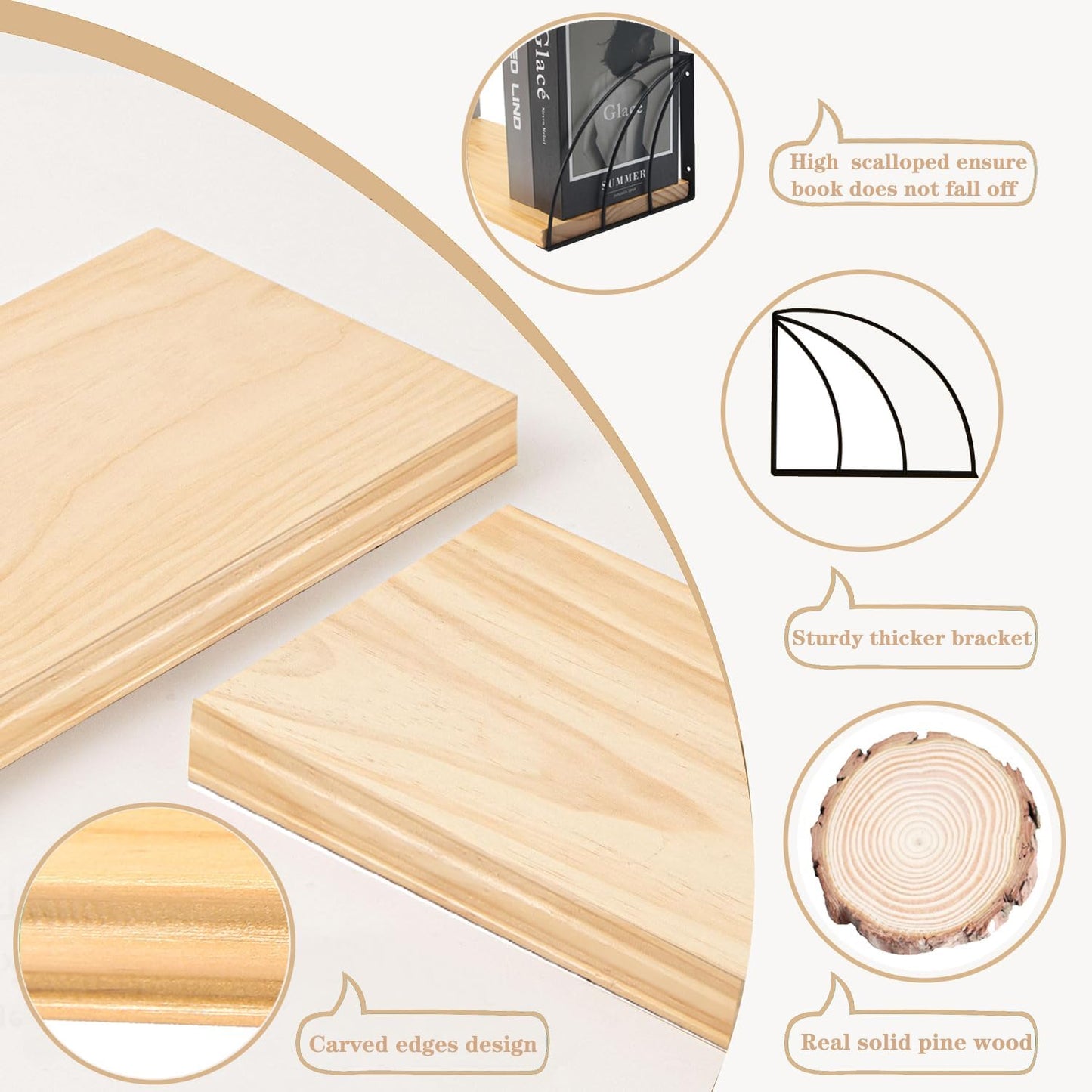 Long 36 inch Wall Bookshelf-Curved Fan-Shaped Design with Built-in Anti-Slip Book Stops|0.71" Thicker Heavy Duty Natural Wood Floating Shelves|Floating Book Shelves for Wall,Home Office Décor Set of 2