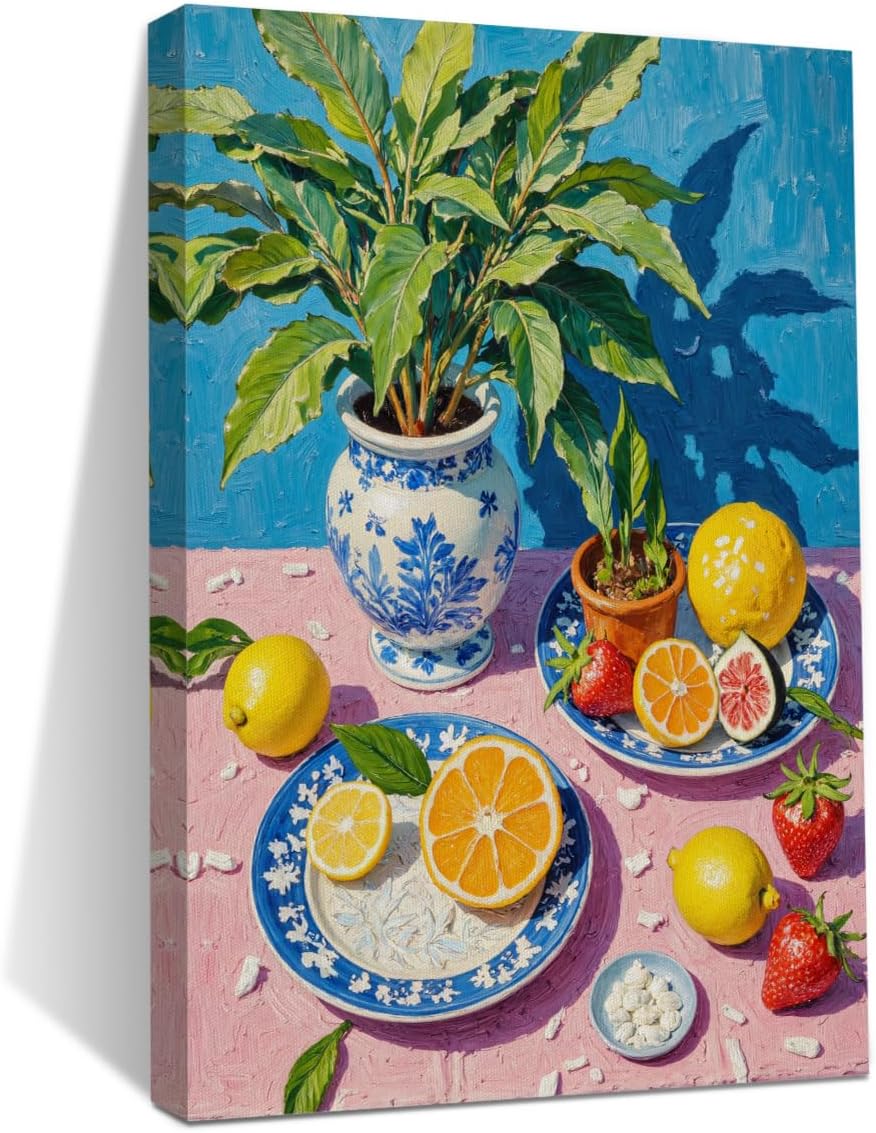 Italy Lemon Wall Art, Botanical Still Life Oil Painting Canvas Framed Prints Modern Decorations, Fruit Theme Poster for Living Room Dining room Entryway Farmhouse Bedroom