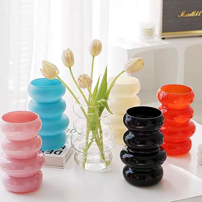 Colored Glass Hydroponic Flower Vase 7 Inch Orange Geometric with Waves and Bubbles Four Layer Glass Vase for Home Decoration Modern Freestanding Indoor Hydroponics Dried Flowers