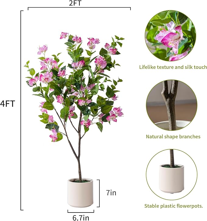 4FT Artificial Bougainvillea Tree Artificial Tree Tall Potted Fake Bougainvillea Trees for Outdoor Indoor Lifelike Potted Faux Plants with Wood Trunk and Flowers Office Wedding Home Decor