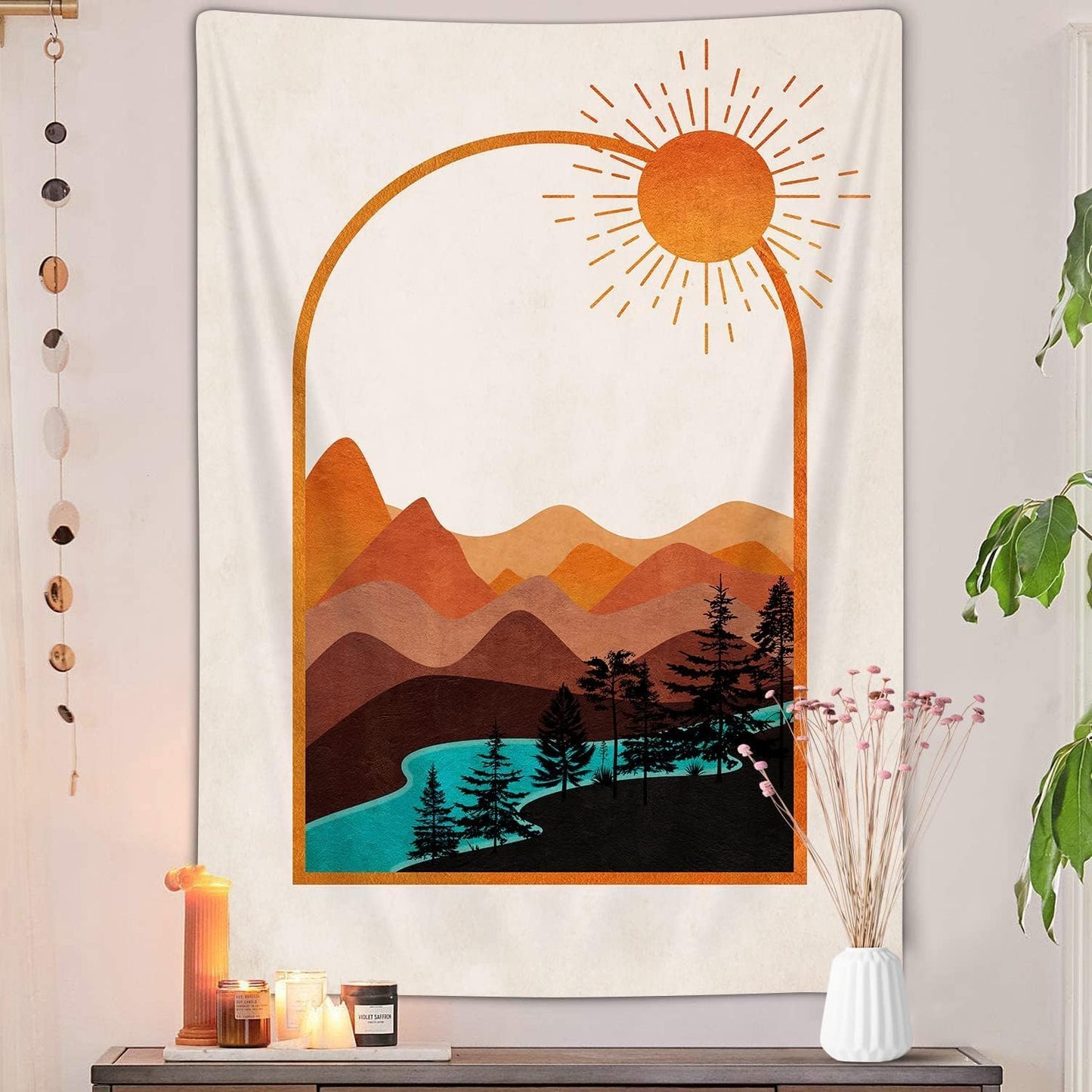 DYNH Bohemian Mountain Tapestry, Retro Nature Sunset Wall Hanging with Sun River Forest, Aesthetic Decor for Bedroom, Living Room, Dorm – Warm Bohemian Art for Home & Outdoor,70X90IN
