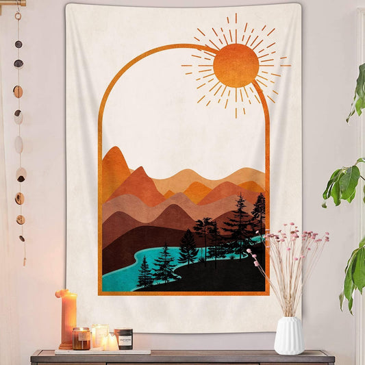 DYNH Bohemian Mountain Tapestry, Retro Nature Sunset Wall Hanging with Sun River Forest, Aesthetic Decor for Bedroom, Living Room, Dorm – Warm Bohemian Art for Home & Outdoor,60X71IN