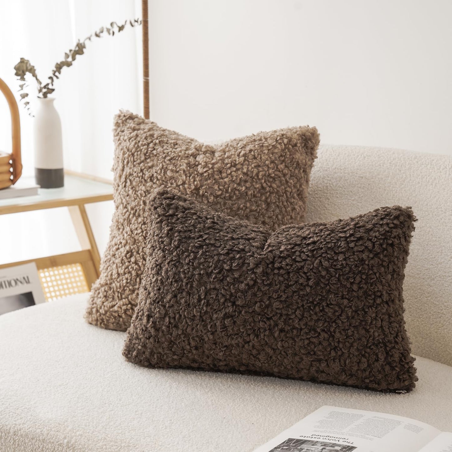 Foindtower Set of 2 Curly Teddy Wool Pillow Covers Decorative Boucle Textured Lumbar Throw Pillow Faux Fur Pillowcases Sheepskin Cushion Case for Sofa Bedroom Car 12"x20" Chocolate