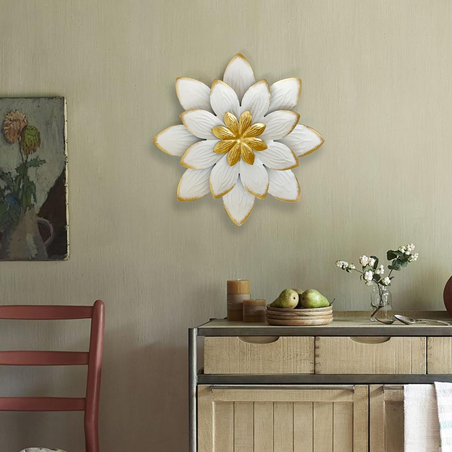 LIFFY 9.2“ White and Gold Metal Flower Wall Art, Modern Rustic Floral Decor for Indoor Living Room Bedroom Office Outdoor Garden Patio Yard