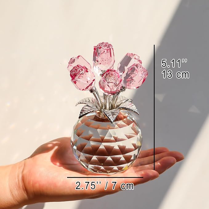 Crystal Rose Bouquet Flower Figurine - Pink Rose Gifts for Women, Collectible Floral Glass Ornaments for Valentine's Day, Mother's Day, Boxed