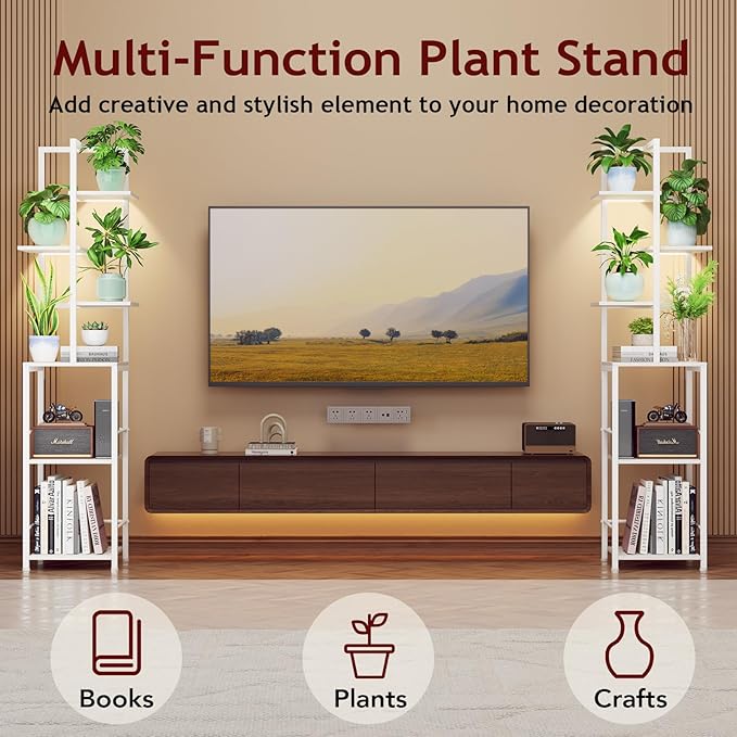 Plant Stand Indoor with Grow Light, 6-Tiered Tall Plant Stand Indoor, Metal Plant Shelf with Bookshelf Bookcase and Adjustable Light, Ideal for Living Room, Reading room, Garden, Patio (white)