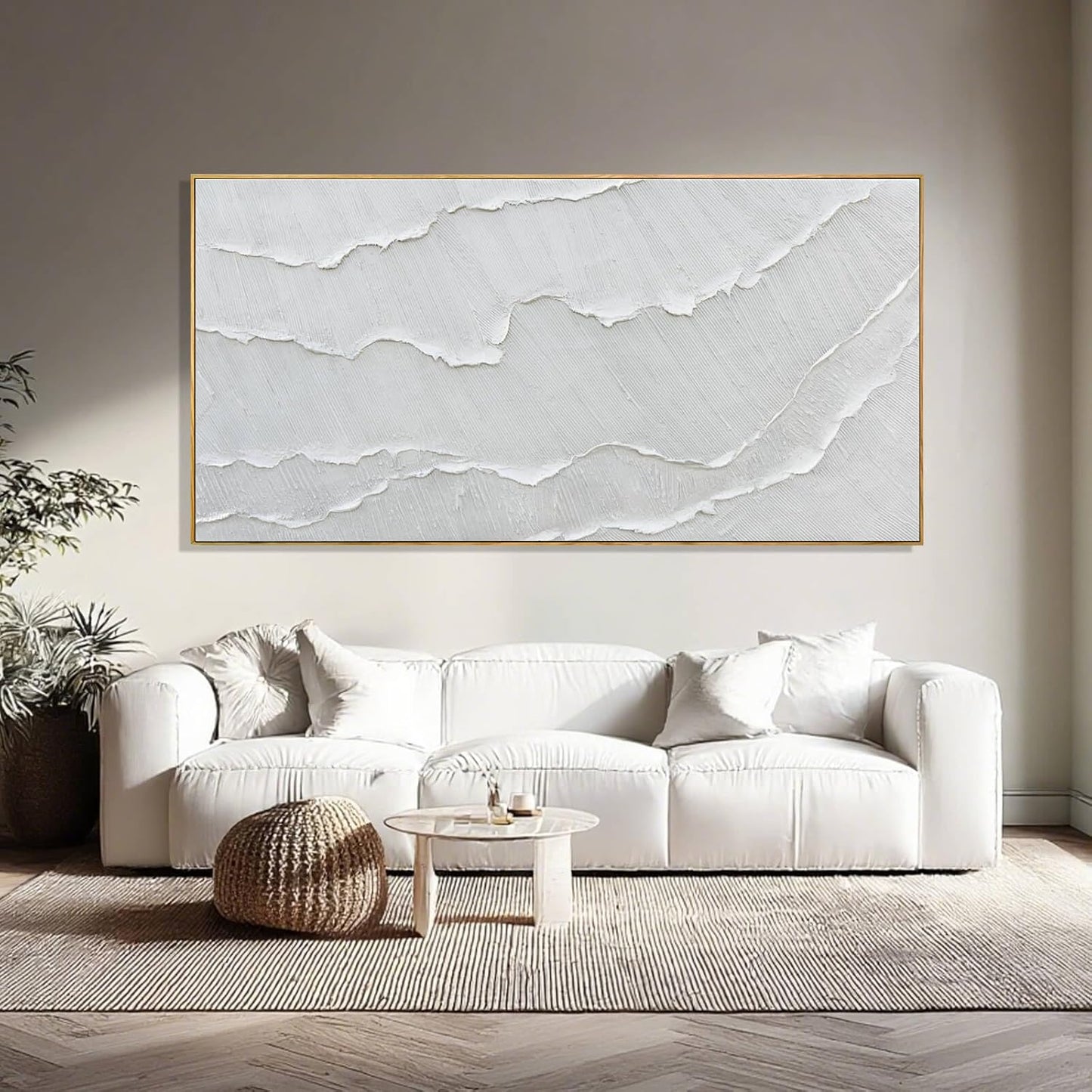 Contemporary Gray-White Abstract Flat printing Wall Art with Frame Large Canvas Ocean waves Painting for Living Room Bedroom Above Couch Decor 29"x58"