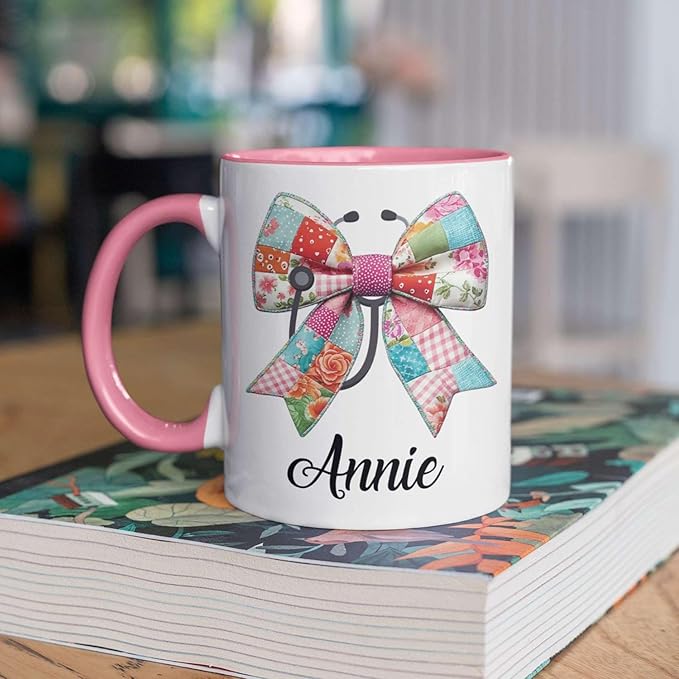 Unique Custom Name Coffee Mug 11oz 15oz, Floral Patchwork Bow White Cup, Personalized Bow with Stethoscope Ceramic Cup, Gifts for Nurses, Custom Vintage-Inspired Mug for Holiday