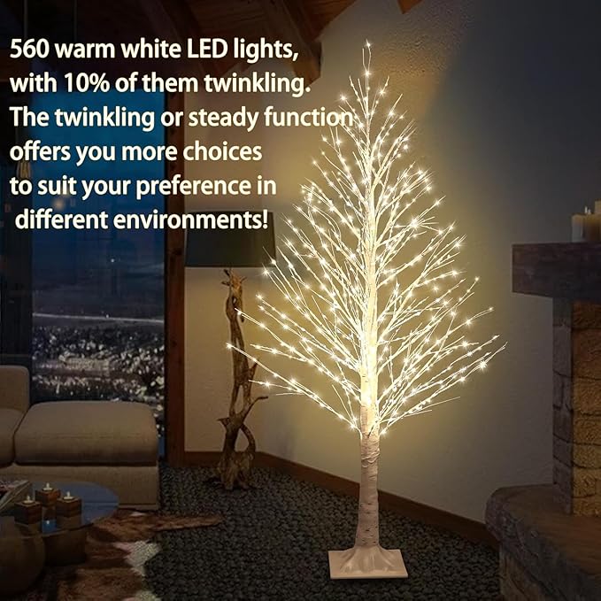 5FT Lighted Birch Tree with Twinkle Lights, 560 LED Warm White Lights with Timer, LED Lighted Christmas Tree for Indoor Outdoor Home Room Wedding Party Christmas Decorations