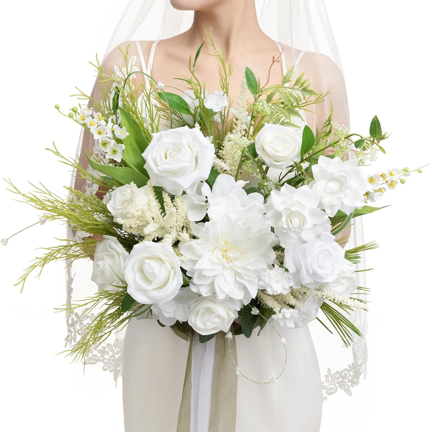 Ling's moment White Wedding Bouquets for Bride, Lily of The Valley Bridal Bouquets for Bride, 15 Inch Free Form Artificial Wedding Flower Bouquet