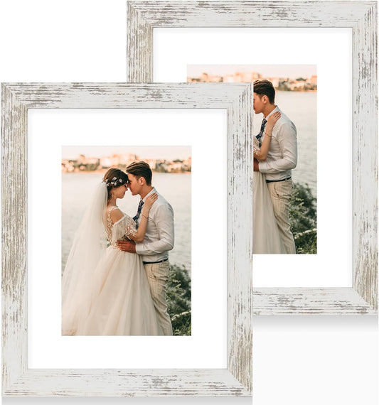 iRahmen 8x10 Picture Frame Set of 2 with HD Glass, Distressed White Wood Photo Frames Display 5x7 Pictures with Mat or 8 x 10 Without Mat for Horizontal or Vertical Tabletop and Wall Mounting
