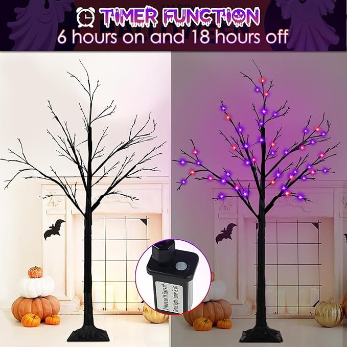 3-Pack 4FT 5FT 6FT Lighted Black Halloween Tree with Orange and Purple Lights (Higher Size and Floor Standing), Halloween Decorations Spooky Tree with Timer for Indoor Outdoor, Home Holiday Party