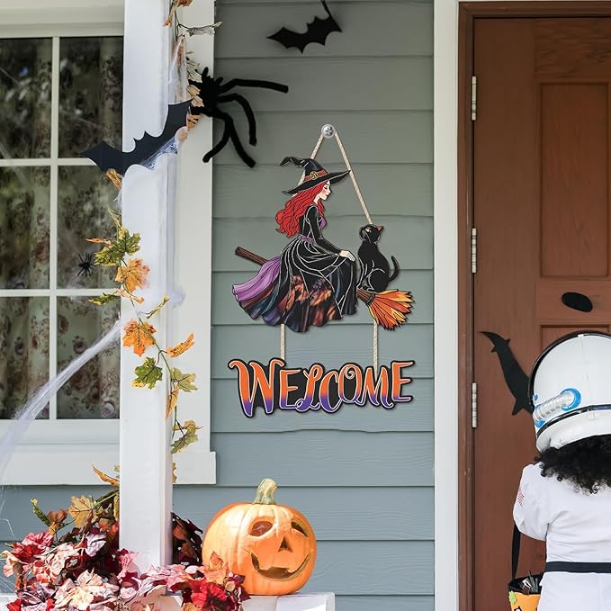 Witch Halloween Decoration,Witch And Black Cat Door Hanging,Witches On Broom Door Hanger,Halloween Welcome Wall Sign,Witches Broom Wooden Sign,Black Cat Wall Plaque for Porch Yard Home Bedroom