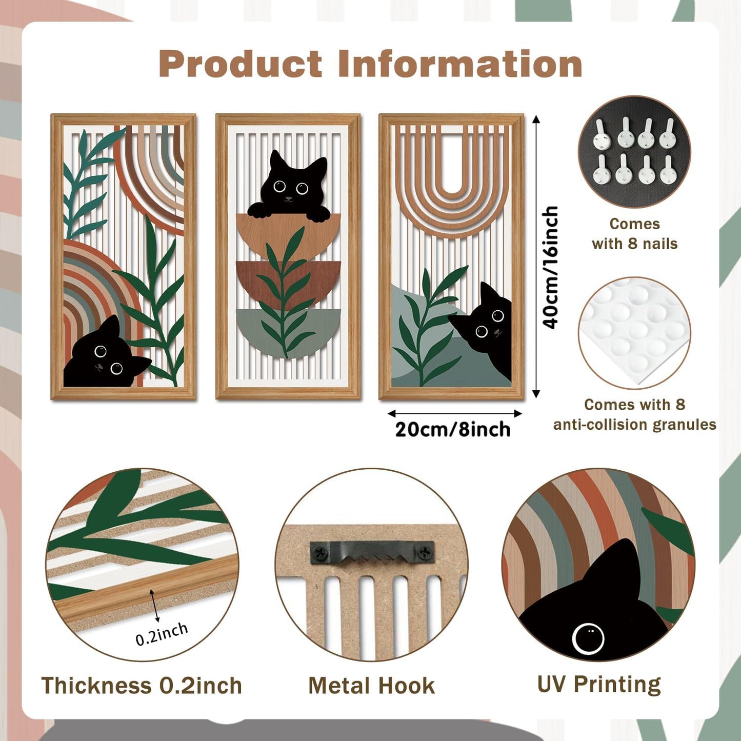 IARTTOP 3 Pcs Boho Black Cat Wall Decor Abstract Geometric Wood Wall Art Bohemian Cat Hanging Decor Mid Century Modern Artwork Decoration for Farmhouse Bedroom Living Room 7.9 x15.8 Inch