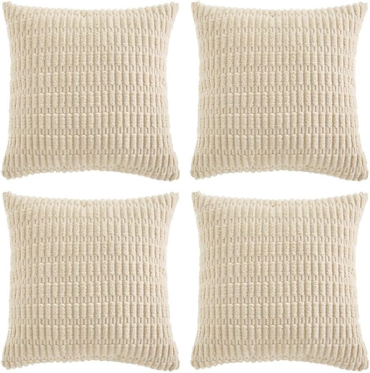 Fancy Homi 4 Packs Boho Cream Decorative Throw Pillow Covers 26x26 Inch for Living Room Couch Bed Sofa, Rustic Modern Farmhouse Home Decor, Soft Plush Corduroy Beige Cute Square Cushion Case 66x66 cm