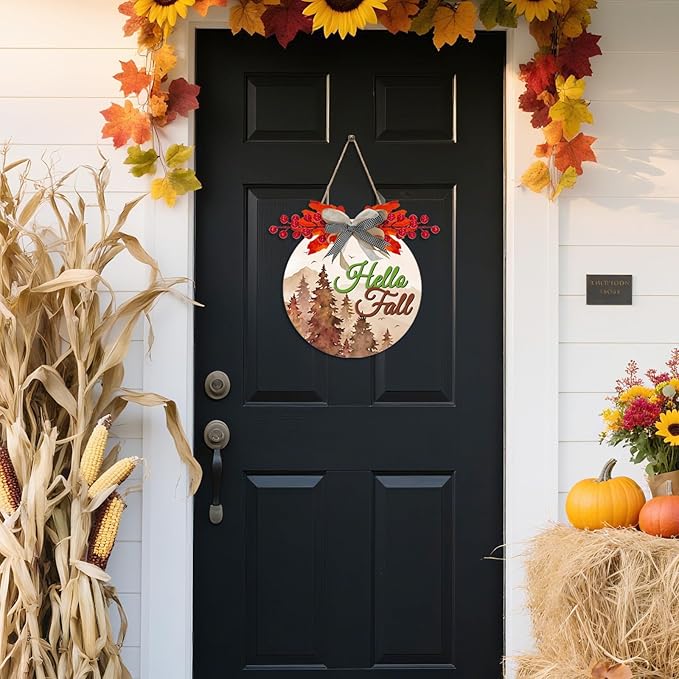 3D Hello Fall Door Sign,Fall Wreath for Front Door,Welcome Autumn Porch Sign,Thanksgiving Day Harvest Wall Decoration,Autumn Forest Maple Leaves Wood Decor for Home Farmhouse Yard Outdoor