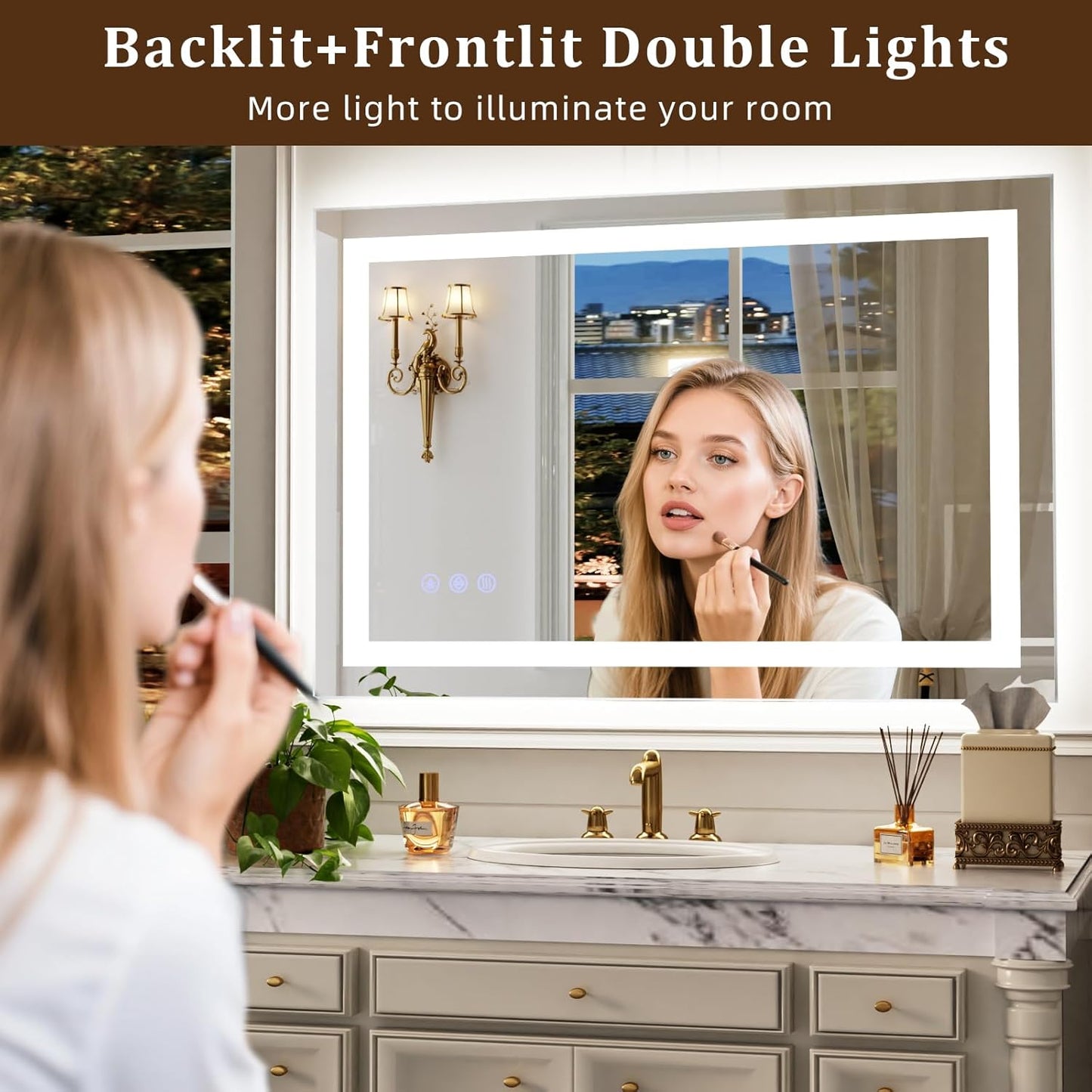 LED Bathroom Mirror, Large 60"x 40" Smart Bathroom Vanity Wall Mirrors with Lights, Anti-Fog, Dimmable, Backlit + Front Lit, 3 Color Modes, Memory Function