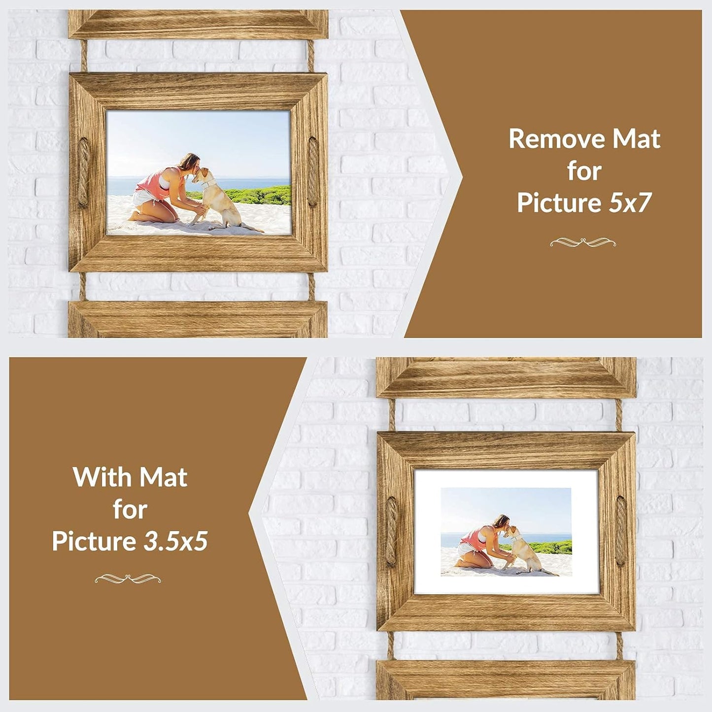 DLQuarts 5x7 Hanging Picture Frames Collage Wall Decor, 4-Opening 5x7 Matted to 3.5x5 Photo Rustic Wood Frame with Hemp Rope, 1 Pack, Carbonized Brown