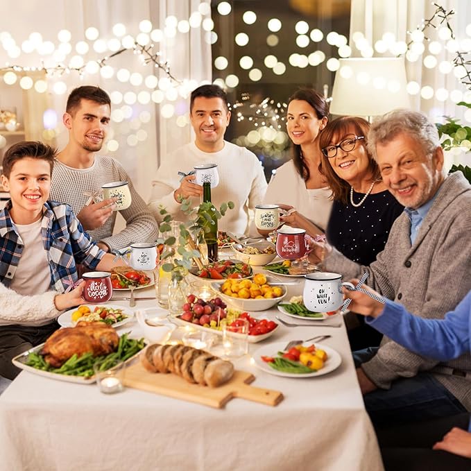 Zubebe Christmas Coffee Mugs Set of 12, 12 oz Hot Cocoa Ceramic Holiday Mugs Set for Mom, Woman, Family, Friend - Farmhouse Tiered Tray Decor, Coffee Bar Decor(White, Yellow, Brown)