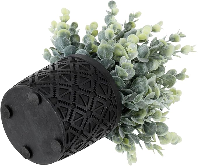 MyGift Artificial Eucalyptus Plant in Modern Gray Concrete Pots with Geometric Embossed Pattern (1, Black)