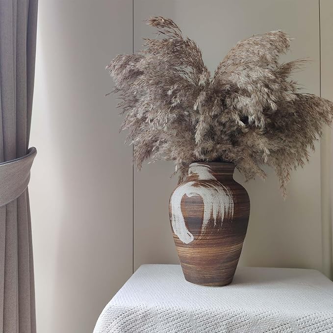 Rustic Brown Vase - 10" Handmade Brown and White Farmhouse Terracotta Vase, Unique Boho vase, Decorative Neutral Vases Home Decor, Vintage Ceramic Flower vases for Living Room, Kitchen Decor