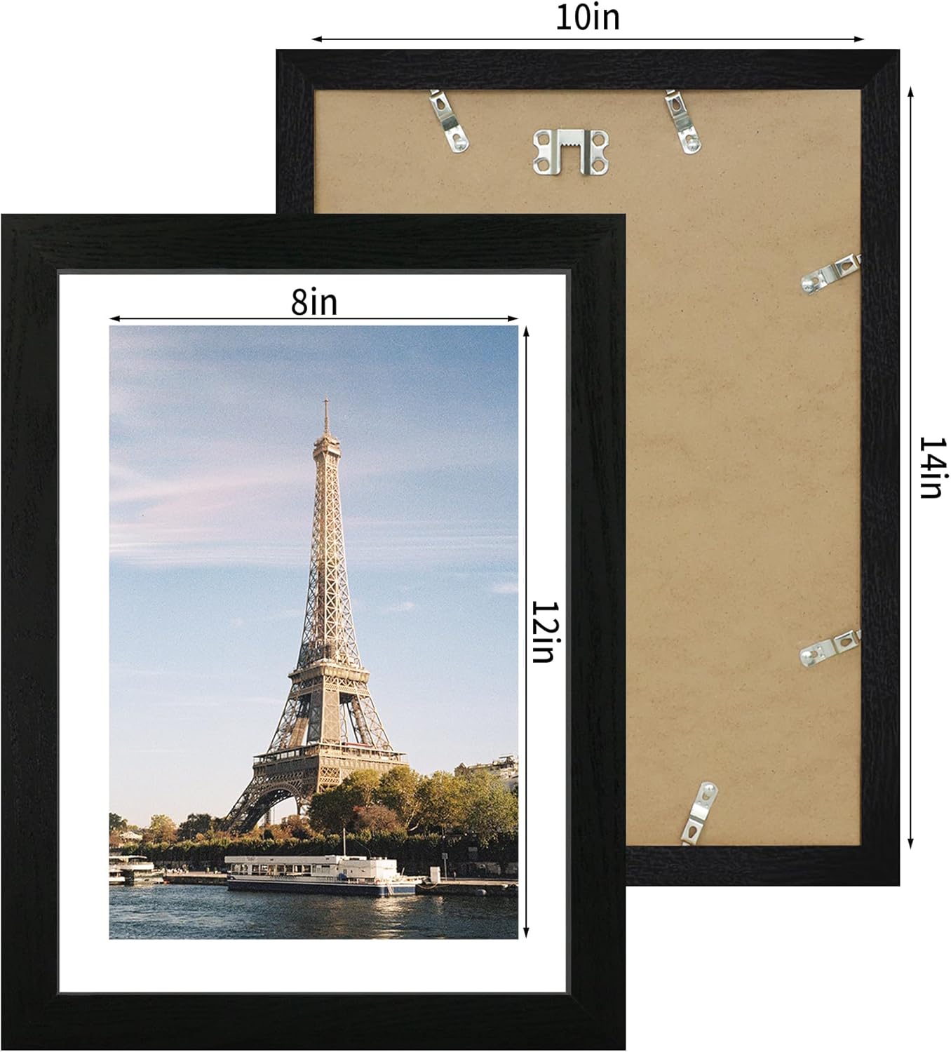 iRahmen 10x14 Picture Frame Set of 4 with Tempered Glass, Black Frame Display 8x12 Picture with Mat or 10 x 14 Without Mat, Rustic Wood Photo Frames for Horizontal or Vertical Wall Mounting