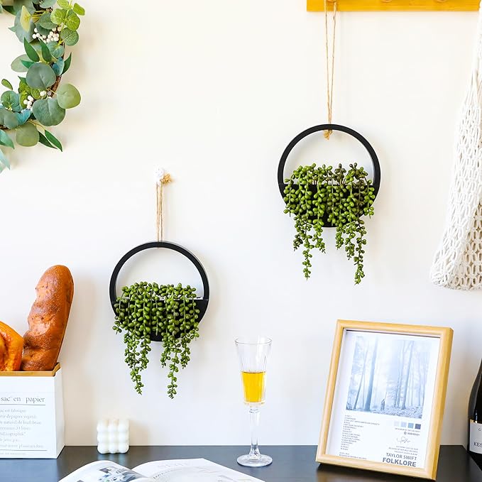 Floweroyal 2pcs Artificial Succulents Hanging Plants 12.2'' Fake String of Pearls in Pot with 8.3'' Lanyard for Indoor Outdoor Wall Decor (Black).