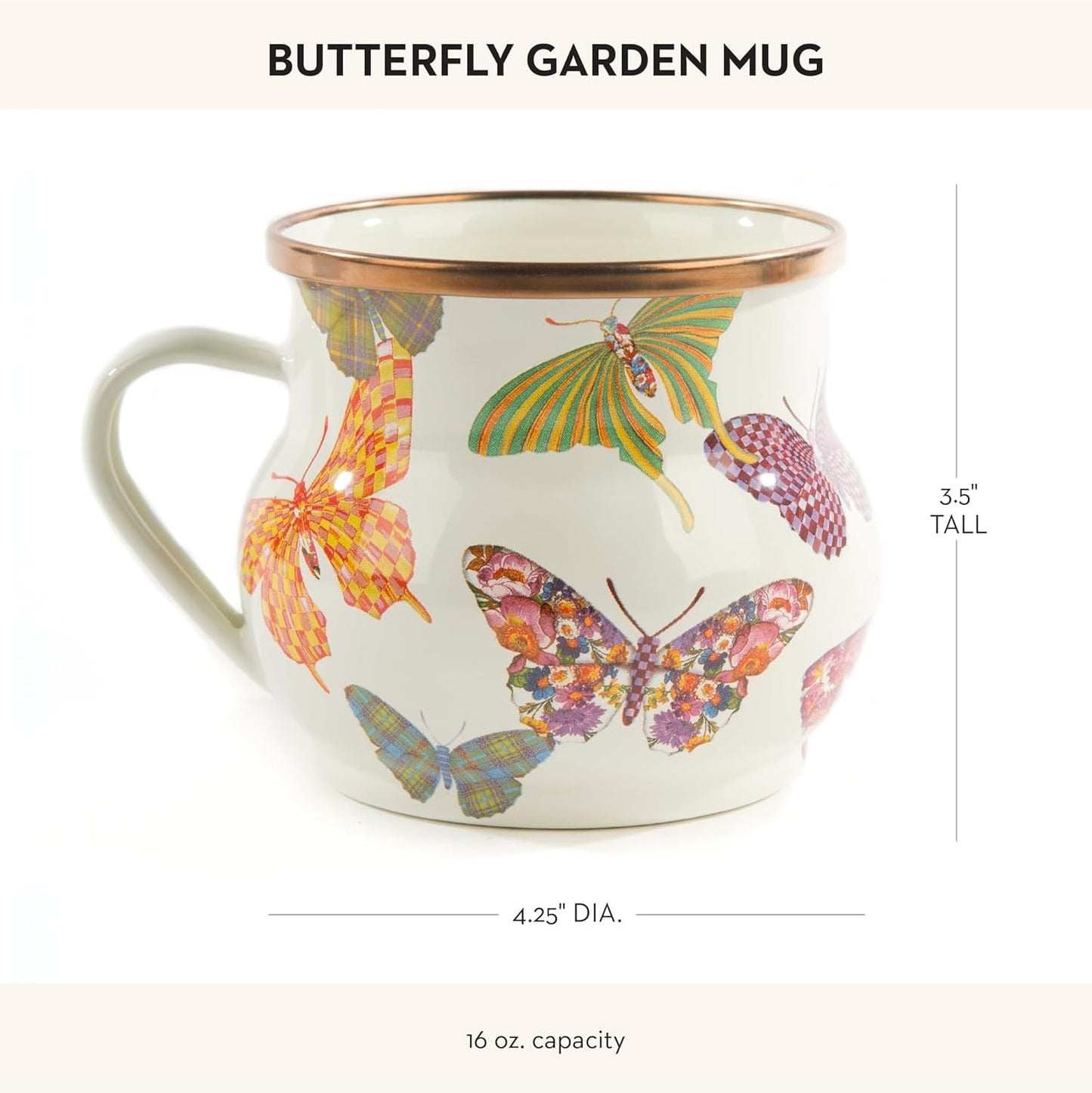MACKENZIE-CHILDS Enamel Mug, Cute Enamelware Coffee and Tea Mug, Unique Drinkware, 16 Ounces, Butterfly Garden, Set of 1