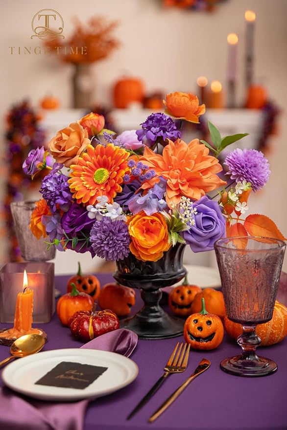 TINGE TIME Rose Artificial Flowers Combo, Fake Foam Roses with Stems for DIY Autumn Wedding Bridal Shower Party Table Centerpieces Fake Floral Arrangement Home Decor(Burnt Orange and Purple)