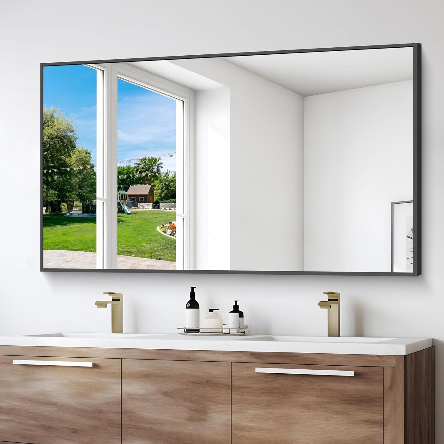 Black Bathroom Mirror for Wall, 55x36 Inch Rectangle Mirrors with Metal Frame, Modern Vanity Wall Mirror Decor for Entryway Hangs, Bathroom Living Room Horizontal or Vertical